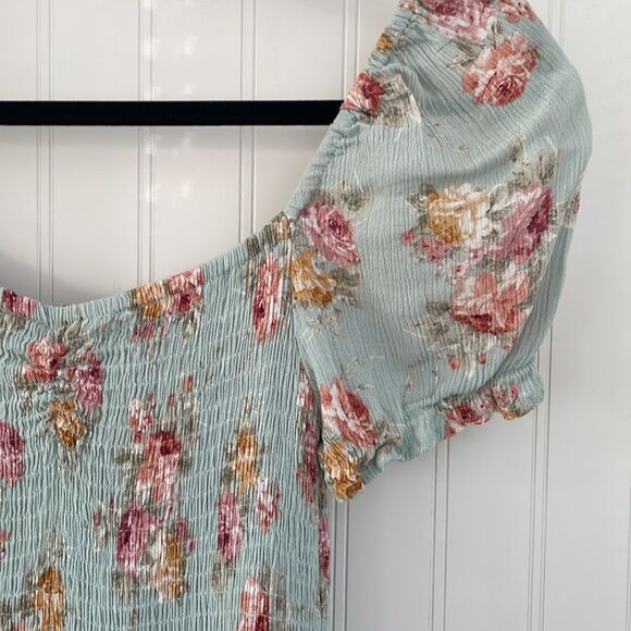 Becool Peasant Babydoll Smocked Mini Dress Puff Sleeves Spring Easter Floral S - Picture 5 of 16